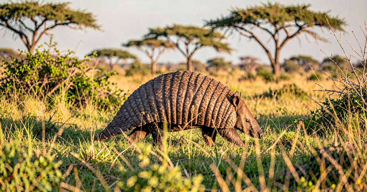 Pangolin walking through savanna with acacia trees - biodiversity hotspots