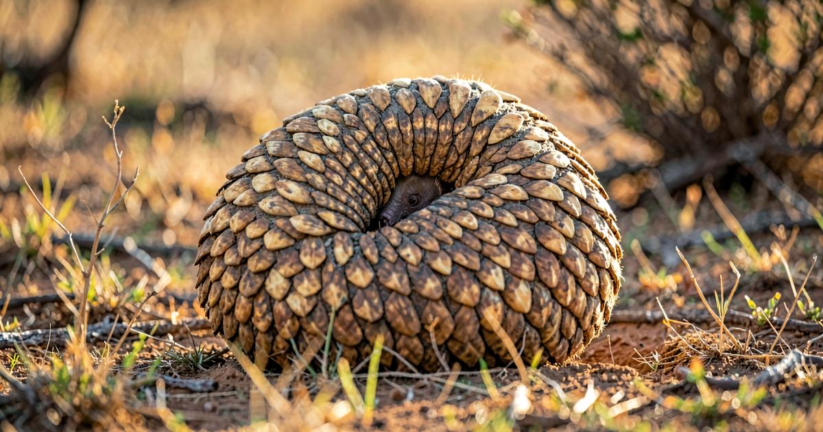 Pangolin curled in defensive ball in bushveld at golden hour