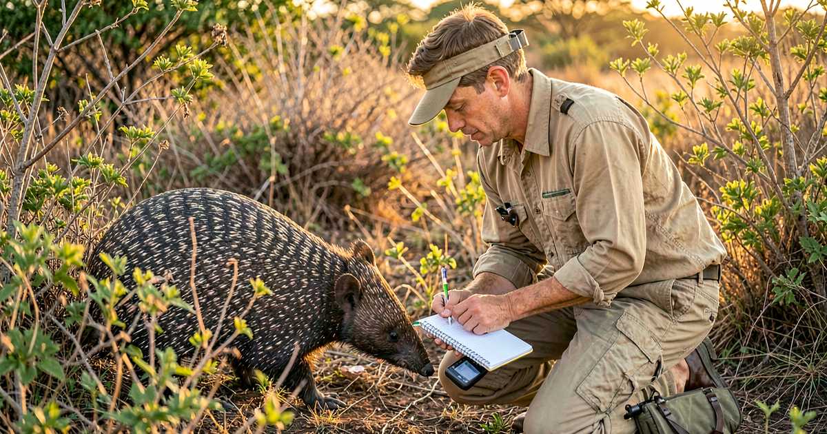 Field researcher with pangolin during conservation fieldwork in Mozambique
